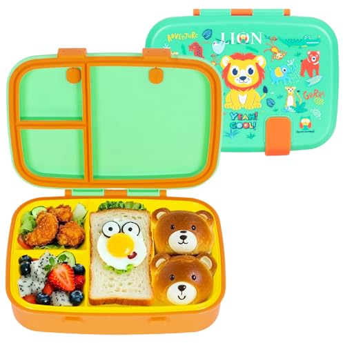 PinkSheep Loncheras Bento para niños, 800 ml, sin BPA, a prueba de fugas, recipientes de comida para niños con 3 compartimentos (león)