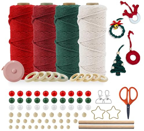 Set di filati macramè per Natale, 3 pezzi, 3 mm, 50 m, filato macramè, rosso, verde, bianco, con 82 accessori, set creativo per adulti e donne, per decorazioni natalizie, set creativo per macramè fai