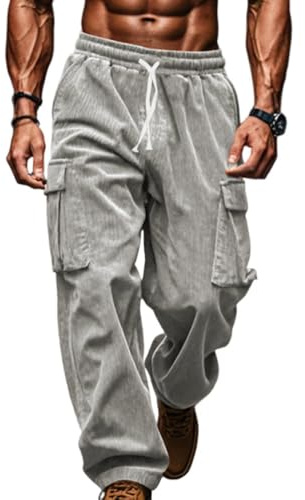 Oanviso Pantaloni in Velluto a Coste da Uomo Baggy Cargo Pantalonis della Tuta Casual Elasticizzati in Vita Dritti Sport Pants da Corsa A Grigio Chiaro M