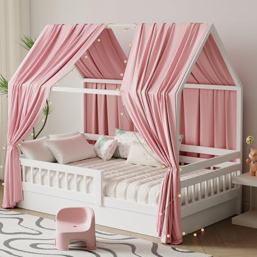Pacok Hausbett Himmel mit Lichterkette Deko 2 Stück 67 x 270 cm Rosa | Baldachin Hausbett Vorhang,Betthimmel Stoffhimmel Hausbett für Mädchen Jungen Kinderbett