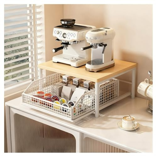 GAOHONGMEI Küchen-Mikrowellenregal mit Aufbewahrungskorb, 2-stufiger ausziehbarer kleiner Mikrowellenständerwagen, Schubladenregal für die Arbeitsplatte für Kücheninsel, Kaffeebar(White)