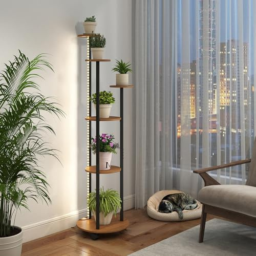 Giantex Plant Stand Indoor with Lights & Wheels, 57'' Tall Flower Pot Stand Display Rack for Multiple Plants, 6 Tiered Lighted Corner Plant Shelf Holder for Small Spaces Living Room Balcony Patio, Natural