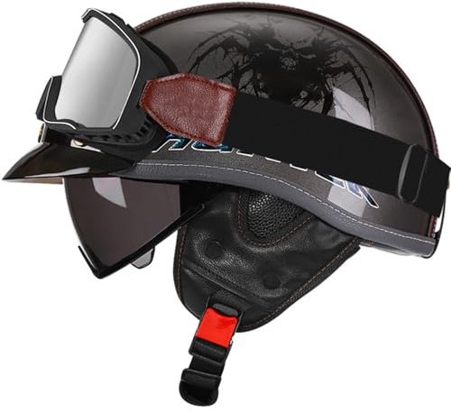 Casco Mezzo Moto Vintage Con Occhiali Caschi Jet E Demi-Jet Elmetto Scodella Omologato DOTECE Caschi Cromwell Retrò Moto Aperto Cascos Robusto Per Adulti Uomini Donne T,M:57-58CM
