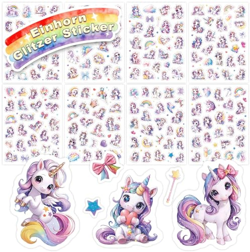 Enhörning glitterklistermärken för barn, 8 st glittereffekt över 200 motiv enhörning klistermärken, vattentäta glitterklistermärken, scrapbooking, fotoalbum, gåvor