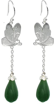 Orchidée ethnique en jaspe naturel incrusté rétro en argent sterling S925 avec longues boucles d'oreilles, boucles d'oreilles(Color Name:Jasper Size Name:925 silver)