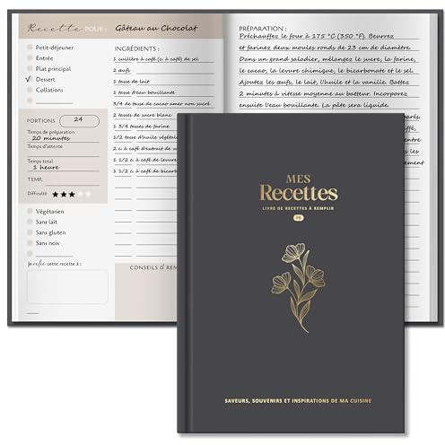 BIROYAL Carnet de Recettes à Remplir A5 avec Table Substituts, Gris foncé | Papier Épais 120g, 100 Recettes Vierge, 2 Pages par Recette, Avec Table de Conversion & Calendrier Saisonnier