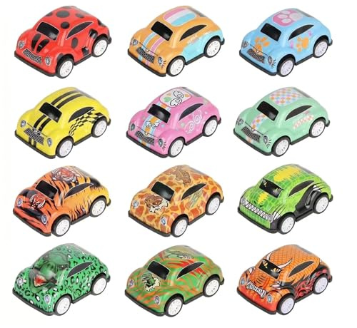 FILOEEX 12 Stück Aufziehautos Rückziehauto Blech Spielzeugauto | Mini Auto Spielzeug, Ohne Batterie, Bunte Fahrzeuge, Zufällige Modelle, Für Jungen Mädchen