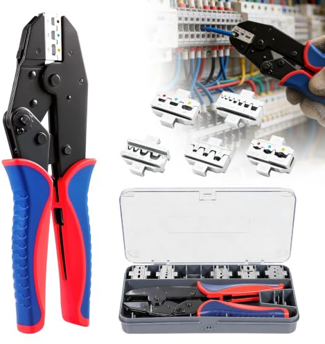 Viugreum Juego de Herramientas de Crimpado, Crimpadora Terminales Cables Electricos, Alicates Electricista, Herramientas Electricista, Alicates de Terminales Crimpadora, 5 Mordazas Intercambiables