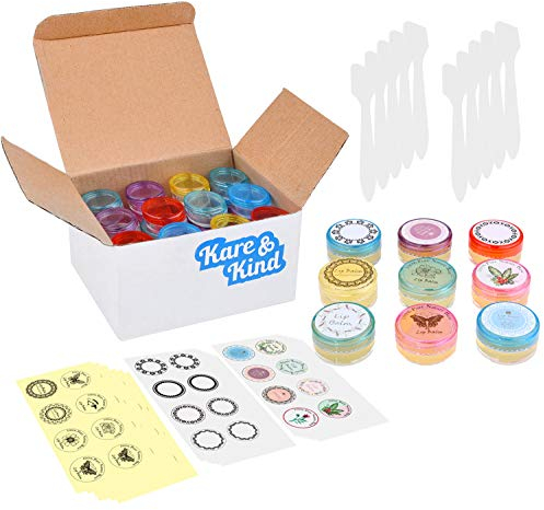 Lip Balm Container Jars - For Cosmetics - 48-Pack - 6 colors - DIY - Transparent - 5 Gram (5 ml/0.17 Oz) - Including 48 Writeable & 48 Printed Lip Balm Stickers - Screw Cap Lids - Empty