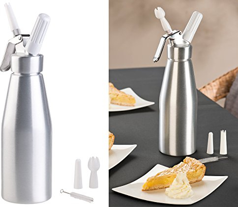 Rosenstein & Söhne Sahneboy: Sahnespender für Schlagsahne, Cremes und Soßen, 1 Liter, 3 Aufsätze (Sahnezubereiter, Edelstahl Sahnespender, Sahnekapseln)