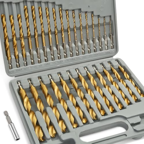 COMOWARE Titanium Impact Drill Bit Set - 30 Pcs Hex Shank HSS, Quick Change Design, 1/16-1/2