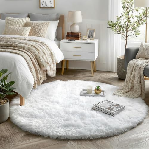 Amdrebio Tapis Rond à Poils Longs pour Chambre d'enfant, Salle de Jeux, décoration d'intérieur, Salon, Chambre d'enfant, dortoir, Salle de Classe, Blanc, 1,5 m