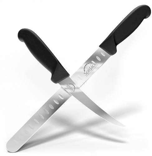 SPITJACK Smoked BBQ 6 Inch Curved Beef Brisket Trimming and Boning Knife and 11 Meat Slicing Knife Bundle. Stainless Steel.
