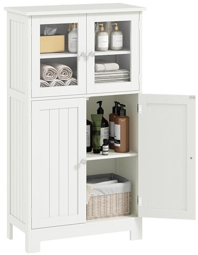 kleankin Bathroom Floor Cabinet, Freestanding Kitchen Cupboard with 2 Drawers, Adjustable Shelves and Tempered Glass Door, Wooden Storage Unit for Living Room Kitchen Hallway