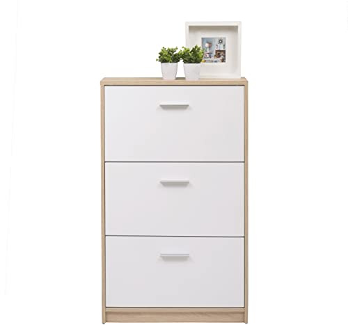 Homely - Mueble Zapatero KENTO | Diseño Moderno, Diseño Nórdico | Zapatero para Habitación, Hall, Dormitorio, Entrada | 3 Puertas abatibles | 69,5x17,5x120 cm | Color cambrián y Blanco