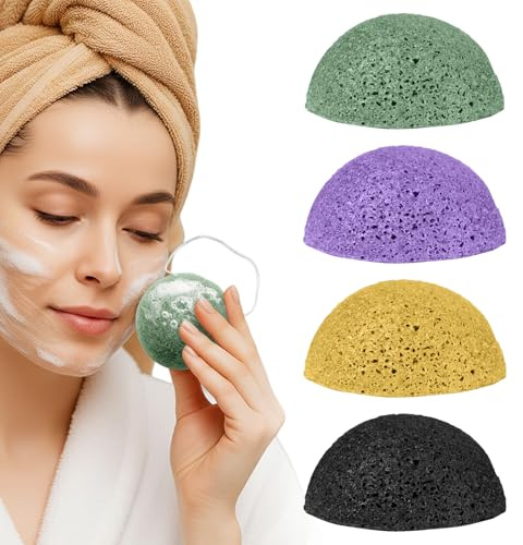 Spugna Konjac per il viso, scrubber viso per una delicata pulizia ed esfoliazione del viso con Turme-RIC, lavanda, aloe Ve-ra e carbone attivo, 4 pezzi