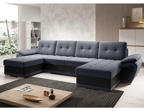 MODERNO Wohnlandschaft Sofa mit Schlaffunktion ENZO U - Sofa U-Form mit Bettkasten - Modern Ecksofa Schlafcouch - Steppsofa Zweifarbig - Graphit-Schwarz
