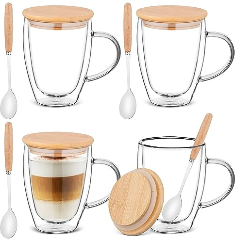 Doppelwandige Kaffeetasse, 4 x 350 ml Espresso Gläser mit Deckel aus Borosilikatglas, Espressotassen Set, Latte Macchiato Gläser für Eiskaffee/Heißgetränke/Tee/Cappuccino/Latte