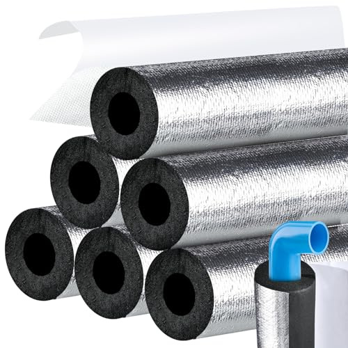 Supkiir 6Pcs Pipe Insulation Foam Tube 1in, Aluminium Foil Self-Adhesive Foam Pipe Wrap, Highly Insulated for Copper Pipe AC Line Outdoor Winter Irrigation RV Plumbing Pipe Sprinkler Spigot