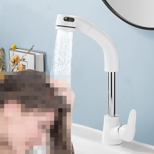 Waschtischarmatur mit herausziehbarem Sprühgerät, kann heiß und kalt angehoben werden, Waschbeckenarmatur, Einhandarmatur, Badezimmerarmaturen mit 360°-Drehung, Weiß