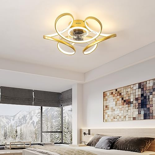 KeLuKes 45cm Modern Ceiling Fan with Light, Gold, Dimmable, 6 Speed, Reversible, Flush Mount, Bedroom Living Room