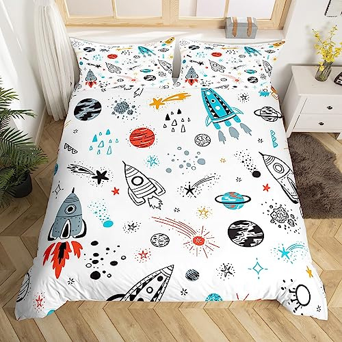 Homewish Housse de Couette 140x200 de l'espace pour Garçons Enfants, Ensemble de Literie Galaxie pour Filles, Parure de Lit Thème de l'univers, Housse Couette Mignon Dessin de Fusée, 2 Pièces