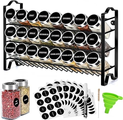 edihome, Gewürzregal, 24 Gewürzgläser, 3-Etagen-Organizer mit Metallrahmen, mit Etiketten, individuellen Deckeln und Spendern (Modell 2)