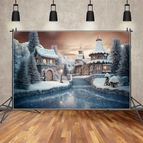 Fotografie Hintergrund Weihnachtsdorf Kiefern Dekorationen Fotohintergrund Hütte Schloss Wandlampe See Studio Requisiten 240X180cm
