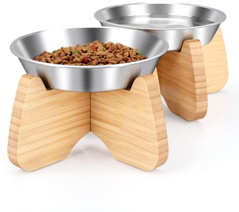 BULANGDE Flacher Katzennapf Erhöht Edelstahl mit Bambusständer (2er) | Futternapf für Katzen und Hunde, Fressnapf und Wassernapf, Katzenschüssel mit rutschfestem Holzständer
