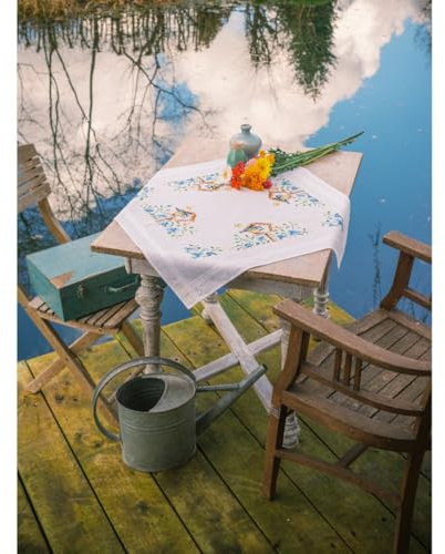 Vervaco Kreuzstich Stickpackungen Tischdecke Vogelhäuser Stickdecken Vorgezeichnet Basteln Erwachsene Kreativ Set Vorgedruckte Decke Sticken 80 x 80 cm Stickset DIY Sticken Set