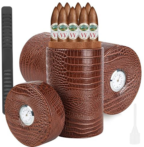 For 5-30 Cigars, Cigar Humidor Cedar Wood Lined Humidor Travel Cigar Case with Outdoor Hygrometer, Lined Portable Leather Cigar Humidor with Humidification Strips, Cigar Accessory Set