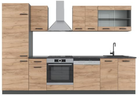 Vicco Küchenzeile R-Line, Goldkraft Eiche/Anthrazit, 300 cm | 8 Module · Höhenverstellbare Füße · AP Anthrazit inkl. · Robuste Fronten · Mit Kühlschrankumbauschrank
