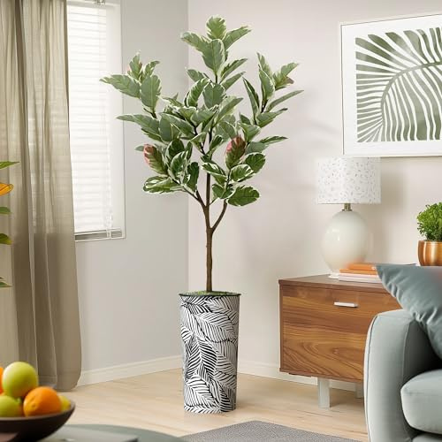 Artificial Tree in Vibrant Black and White Abstract Leaf Planter, Fake Rubber Silk Tree for Indoor and Outdoor Home Decoration - 70 Overall Tall (Plant Pot Plus Tree)