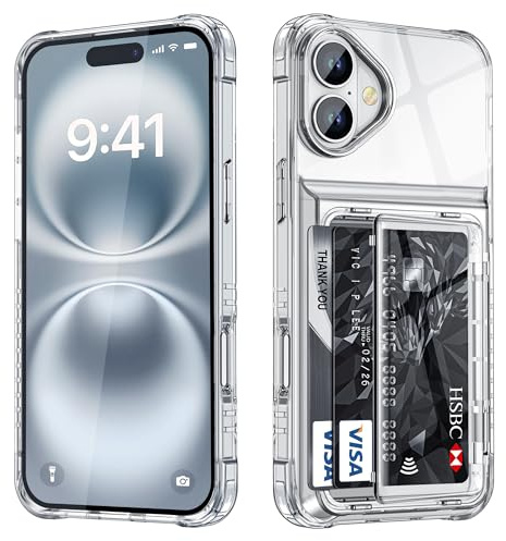 Vunake for iPhone 16 Case with Card Holder [Max 4 Cards] Shockproof Military Grade Drop Protection Anti-Yellow Clear Hidden Card Slot Protective Phone Case for iPhone 16-Clear