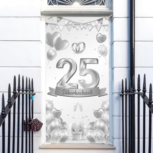 HAKOTOM Silberhochzeit Türabdeckung 25. Hochzeitstag Banner 180x90cm 25. Jubiläum Hochzeitsdeko Hochzeitsbanner Silber Hochzeit Hintergrund 25 Jahrestag Deko für Männer Frauen 25 Jahrestag Hochzeit