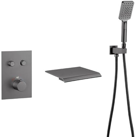 XJTNLB Badewannenarmatur Wasserfall mit Brause Pistolengrau Mischbatterie Dusche Thermostat Unterputz Armatur Dusche Einhebel mit Handbrause und Duschschlauch