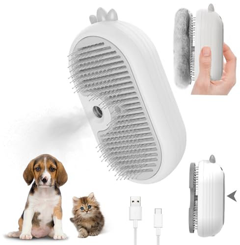 Katzenbürste mit Dampf, 4-In-1 Dampfbürste Katze, Steamer Brush Katze für Langhaar und Kurzhaar, Katzen Bürste mit Wasser Tank Sauberes Haustierhaar von der Bürste mit Einem Knopf (Weiß)