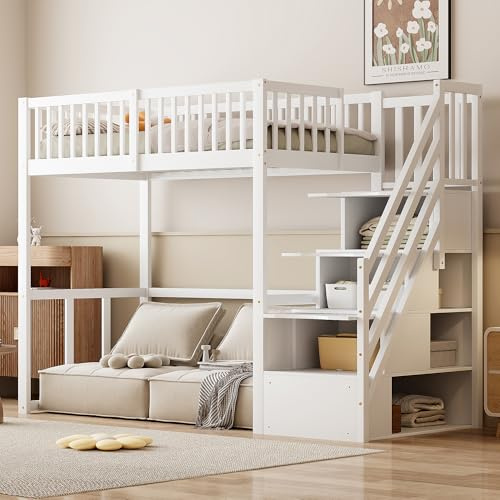 Kinderbett Etagenbett 90x200, Hochbett Hausbett mit Aufbewahrungsleiter, Einzelbett Holzbett Multifunktionsbett Kinderhochbett Bettgestell Spielbett mit Lattenrost&Rausfallschutz, Kiefernholz, Weiß