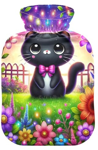 Wärmflasche mit weichem Bezug, Motiv: schwarze Katze mit bunten Blumen, Fußwärmer mit weichem Bezug, Wärmbeutel für Nacken, Schulter und Menstruationskrämpfe, 1 Liter