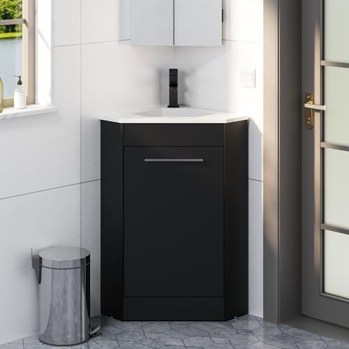 eclife 26 Corner Bathroom Vanity Sink Combo for Small Space Freestanding Storage Cabinet with White Resin Sink and Matte Black Faucet, Black