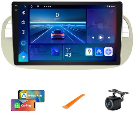4+64GB Double Din Android 13 Car Stereo for Fiat 500 2007-2015 with 9-inch Touch Screen, Wireless CarPlay & Android Auto, GPS, WiFi, Bluetooth, MirrorLink, FM RDS Radio