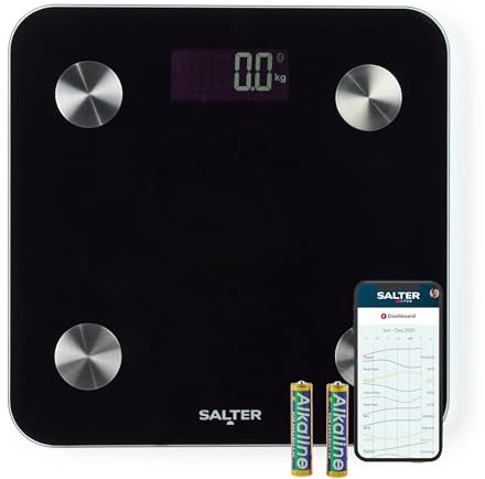 Salter Smart Scale – Personal Body Weight Scale, 180kg Capacity, 17 Body Metrics, Salter Health App, Body Fat/Water, Muscle/Bone Mass, BMI and BMR, 8 User Memory, Backlit Display, Black, SA00655FEU6
