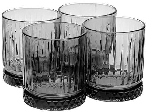 Queensway Home & Dining Elysia Coloured Glasses Set Premium 355ml & 450ml Whiskey Tumblers, Vintage Cut Design Dishwasher Safe, Ideal for Cocktails, Water or Gifts Set of 4 (Set of 4 Grey 355ml)