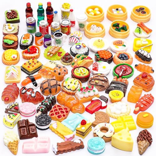 Lot de 60 mini aliments, nourriture miniature, jouets de cuisine, mini aliments, 45 pièces de nourriture aléatoires et 15 bouteilles à boire mignonnes, jeu alimentaire DIY mignon, ensemble de jouets