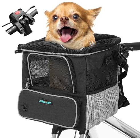 DAISTERN Hundekorb Fahrrad Vorne bis 3KG, Hundefahrradkorb mit Montagehalter Φ53mm, Rucksack Schultertasche Autositz mit Atmungsaktives Netzfenster, wasserdichtes Sitzkissen für kleine Hunde