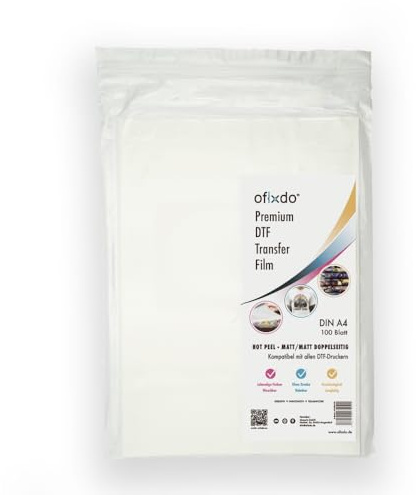 OFIXDO Premium DTF Transferfolie – DIN A4 – 100 Blatt – Doppelseitig Matt/Matt – Hot Peel – für DTF Drucker