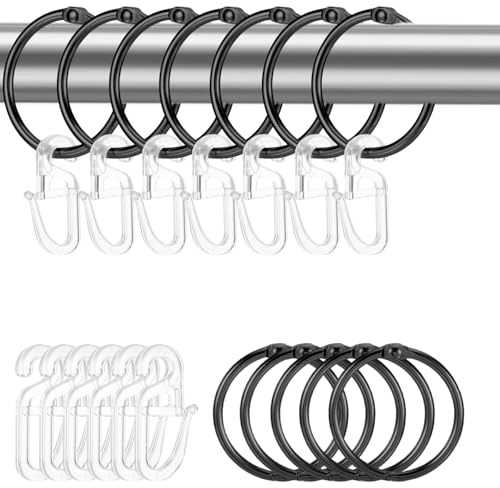 60 Metall-Gardinenringe mit Haken, Innendurchmesser 32 mm, Gardinenhaken mit 60 transparenten Kunststoff Vorhang Haken, Aufhängezubehör für Gardinen, Türvorhänge, Duschvorhänge(Schwarz)