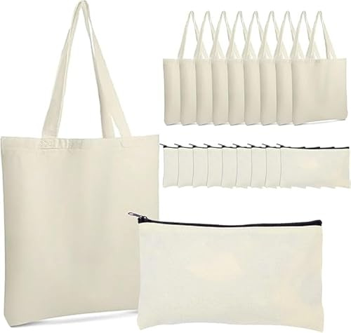 10 Piece Blank Canvas Tote and Makeup Bag Bulk Plain Cotton Tote with Handle Cosmetic Pouch Reusable Grocery Bag for DIY Sublimation Embroidery Craft Wedding