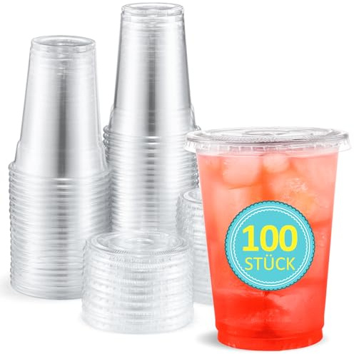 Eupako 100 vasos de plástico desechables con tapa de 300 ml, vasos desechables transparentes para bebidas, parfait y batidos, aptos para nevera y apilables, vasos desechables