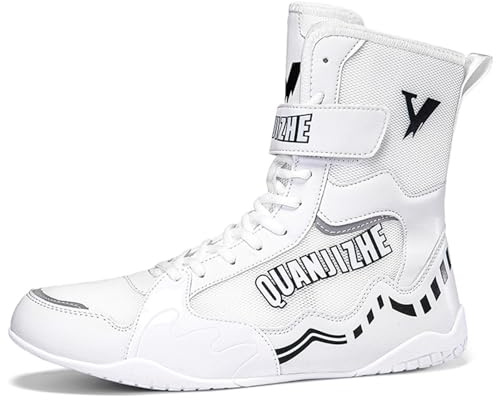 Hiuzylqx Scarpe Boxe da Uomo Stivali da Wrestling Combat Pugilato Muay Thai Kickboxing Sparring Boxers Arts Shoes Trainer Scarpa,Bianca,45 EU